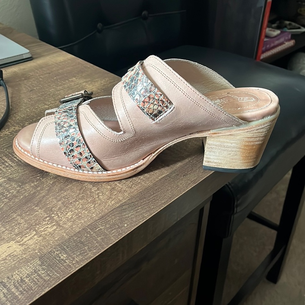 Freebird by Steven Pink Leather Snake-Print Strap Mules